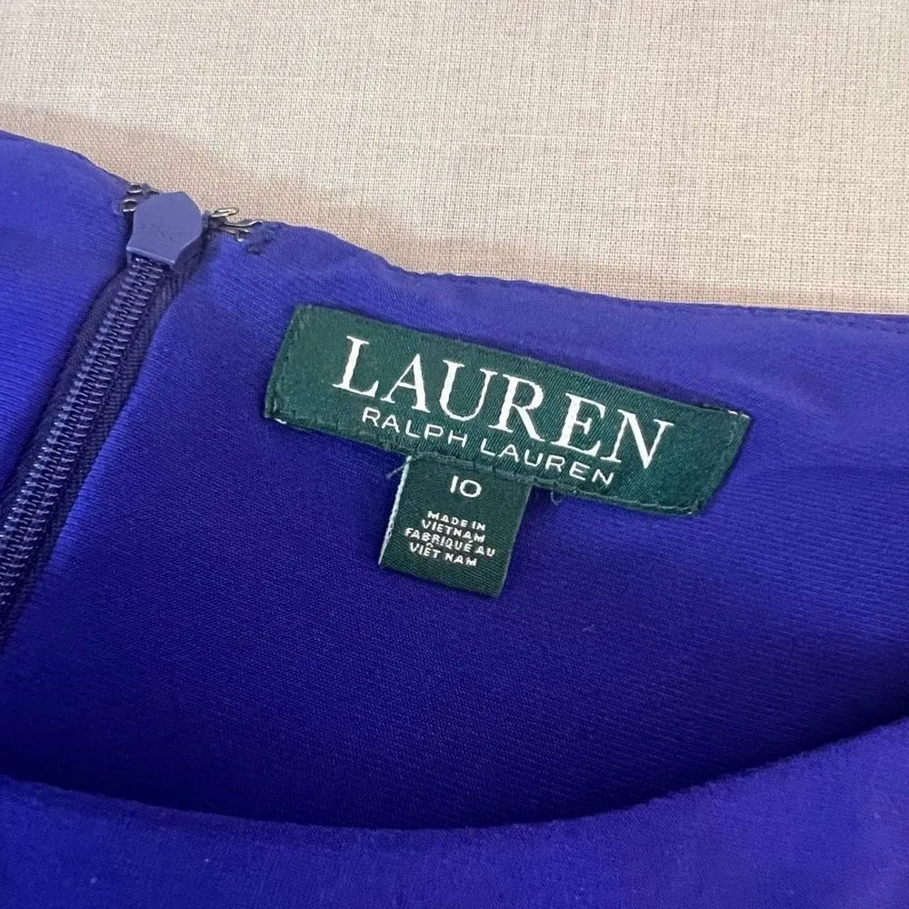 Lauren Ralph Lauren blue sleeveless tie waist attached wrap look sheath dress si - Image 8