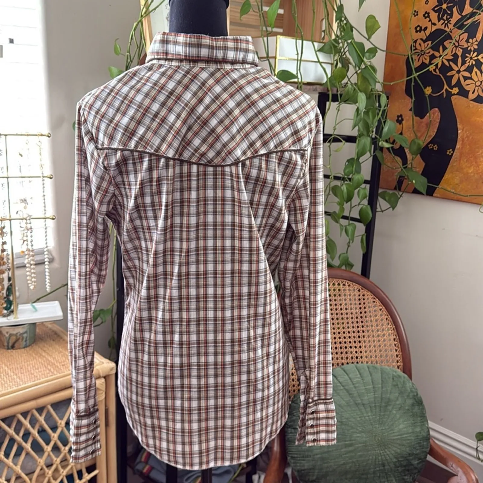 Vintage 70s Lady DJ by Dickson Jenkins Earth Tone Plaid Pearl Snap Western Shirt Size undefined - Image 2