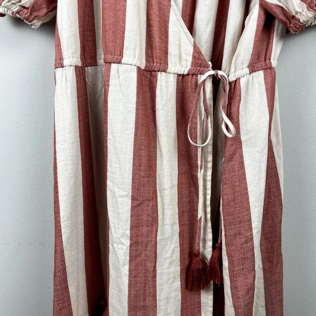 Knox Rose Wrap Dress‎ L Maxi V-Neck Striped Cream Brick Tiered Short Puff Sleeve - Image 6