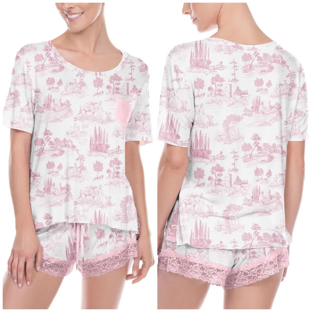 Honeydew White Pink Toile Lace Trim Pajama Set Shirt & Shorts Sleepwear Size XL - Image 3