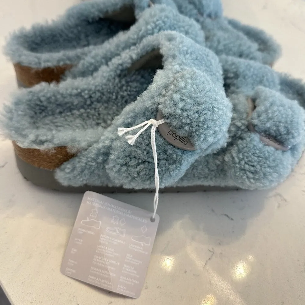 BIRKENSTOCK Arizona Big Buckle Genuine Shearling Slide Sandal in Faded Aqua - Image 5