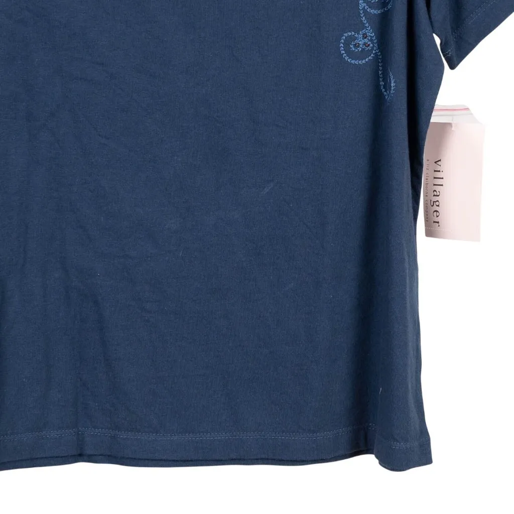 Villager Liz Claiborne Embroidered TShirt L NEW Blue Beaded BoatNeck Cotton - Image 3