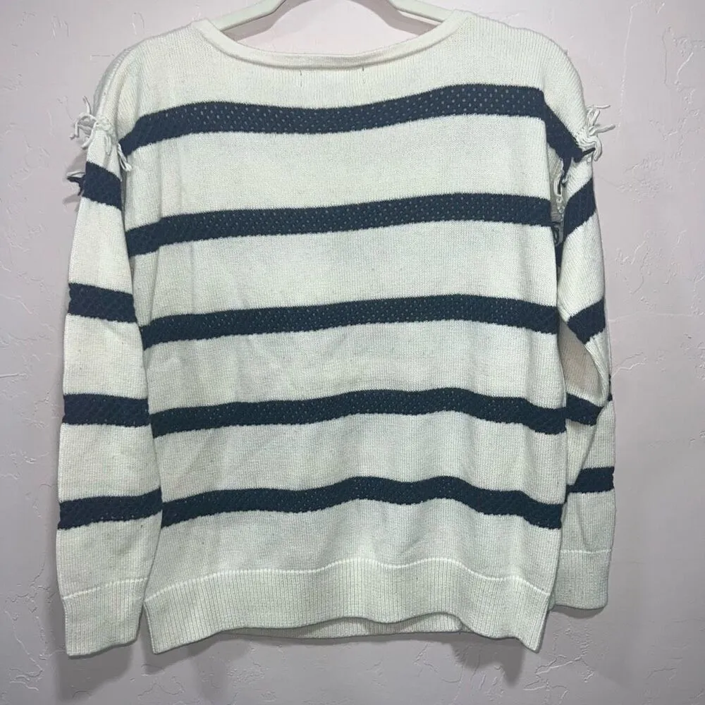 Banana Republic White/Blue Stripe Women's Size Medium Long Sleeve Fringe Seam Sw - Image 5
