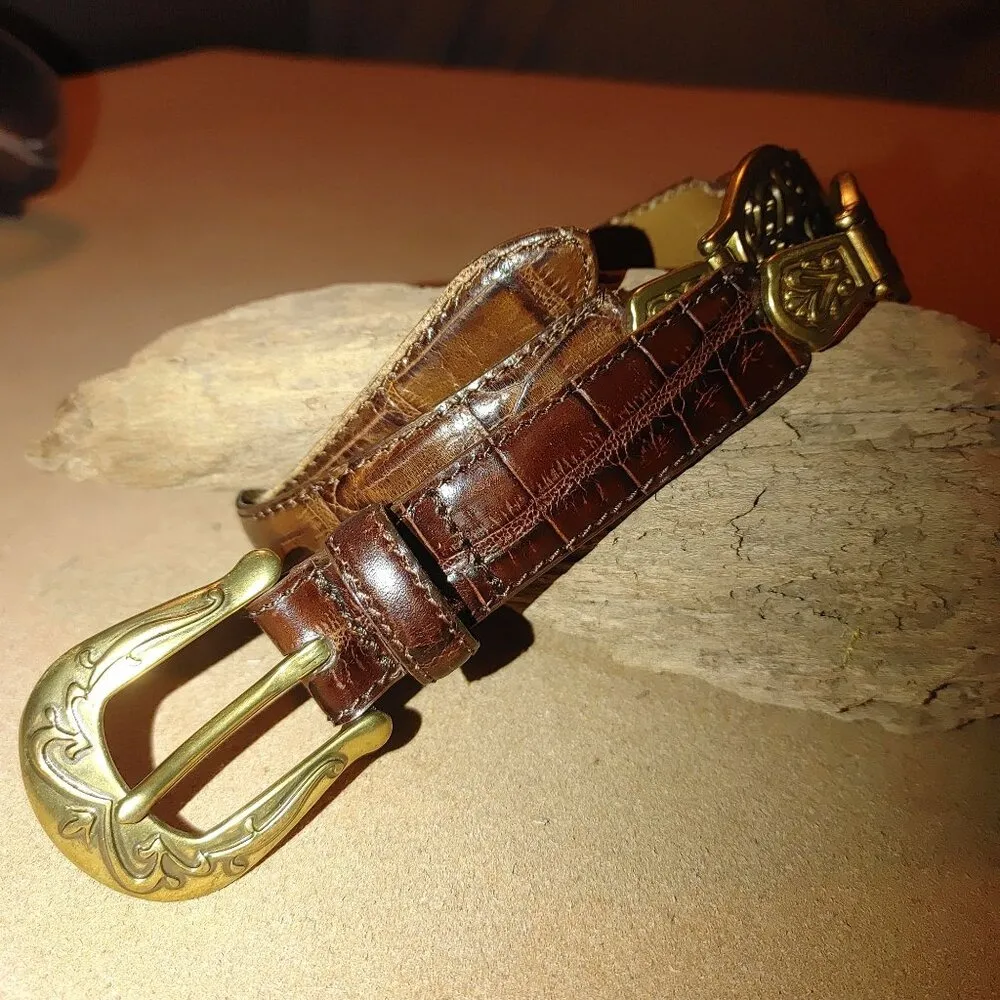 Brown Leather Belt Handcrafted Italian Roco Ornate Brass Buckle Detailing Size 34 - Image 6