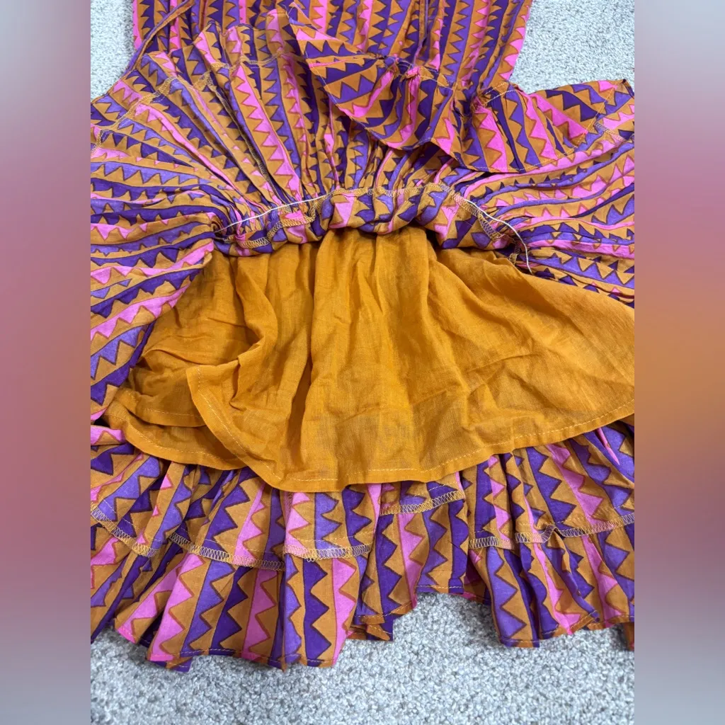 Oliphant Boho Peasant Mini Dress Ruffle Neck Smocked Pink Geometric Tassel XS Purple - Image 2