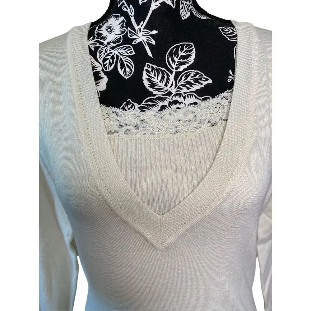 Knit Pullover Sweater Lace Panel Winter School Workwear Office Lightweight Size M - Image 5