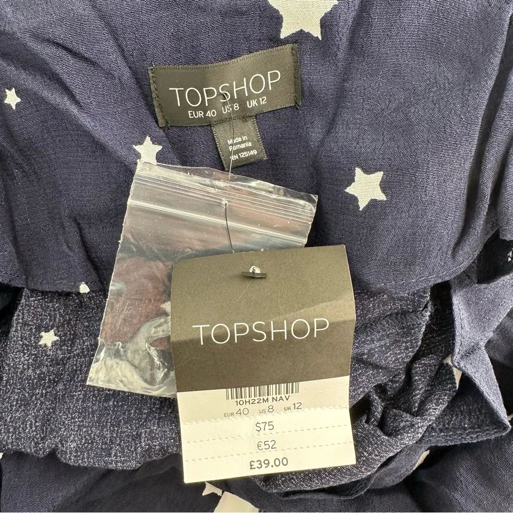 Topshop Navy Star Print Midi Slip Dress size 8 Tie Straps Button Front V Neck - Image 8
