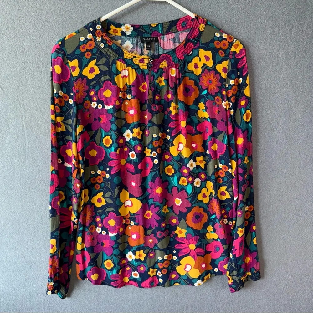Talbots Multicolor Floral Long Sleeve Flowy Blouse XS BLUE PINK YELLOW‎ GREEN - Image 2