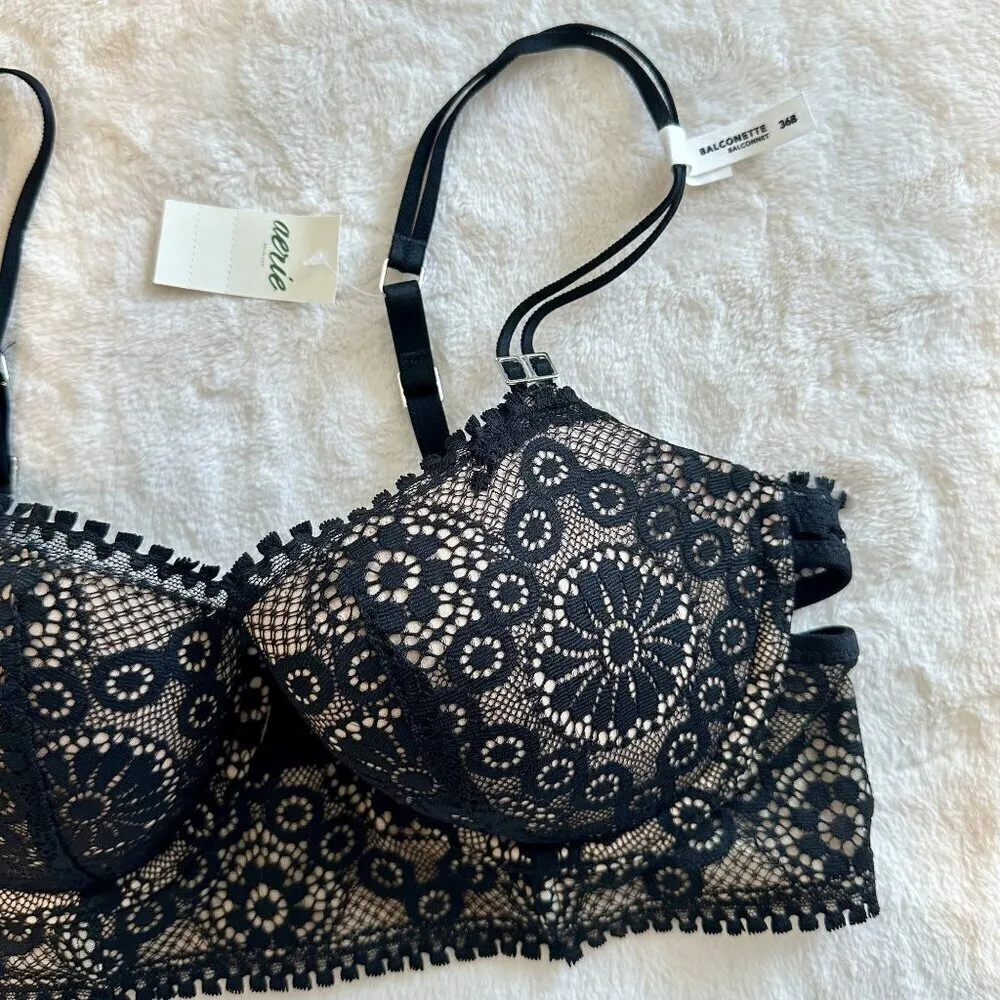 NWT Aerie Black and Cream Floral Lace Balconette Bra - 36B - Image 6