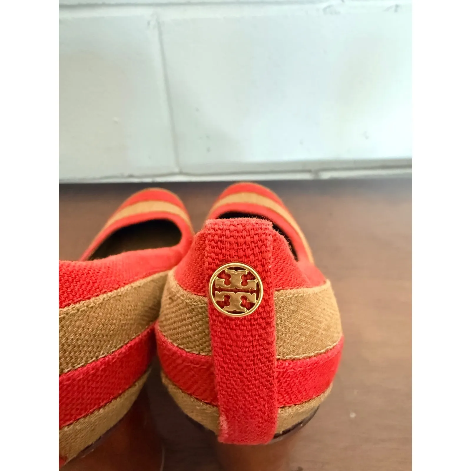 Tory Burch Joelle Striped Platform Heels Red Tan Canvas Wood Heel Women 10 - Image 8