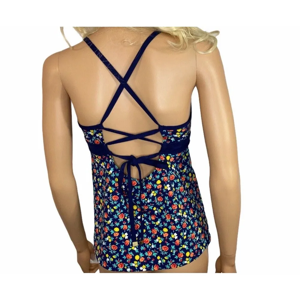 Lands End floral ditsy blue laced back tankini top UPF 50 size 12D No Pads - Image 4