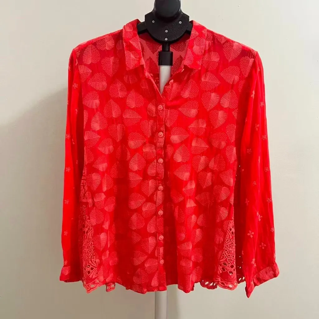 $350 NWOT Johnny Was Desi Embroidered Floral Red Eyelet Button Shirt Blouse Sz L - Image 3