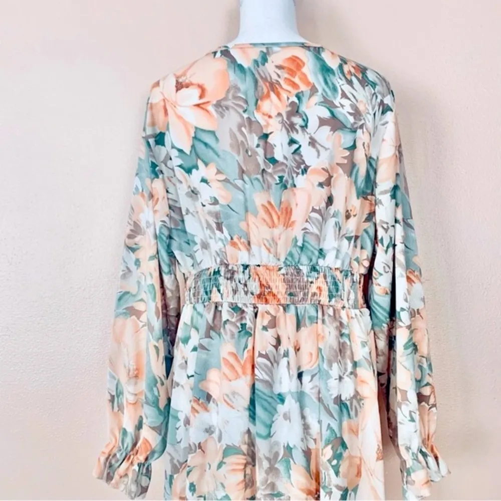 Emery Rose Sage Green, Peach & Light Brown Floral Long Sleeve Dress. Orange Size 1X - Image 5