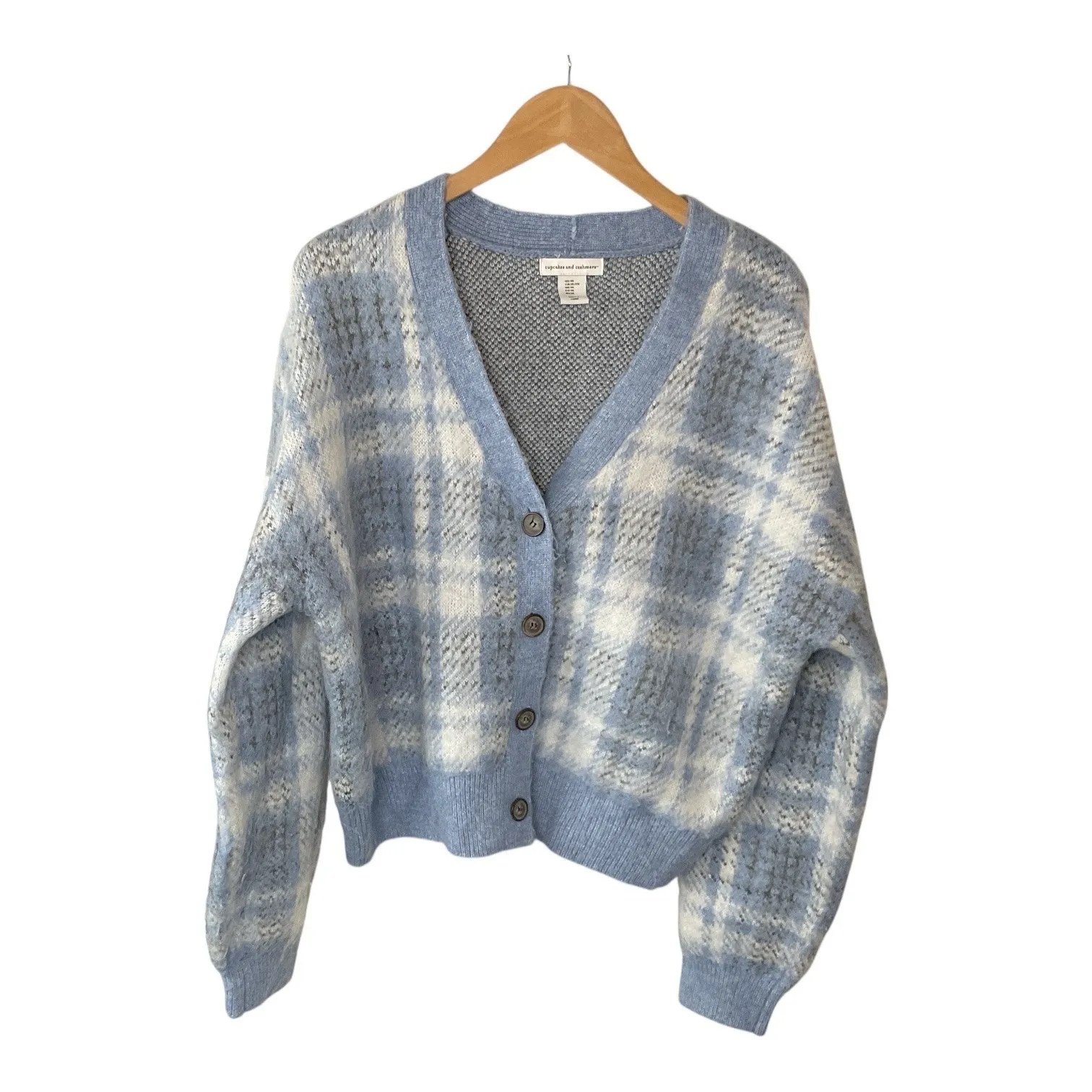 Cupcakes and‎ Cashmere Women's Blue Plaid Knit Button Down Cardigan Sweater - Image 6