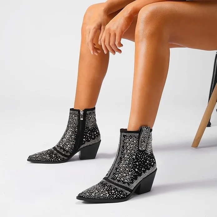Sparkling Black Studded Ankle Boots Size 6 - Image 3