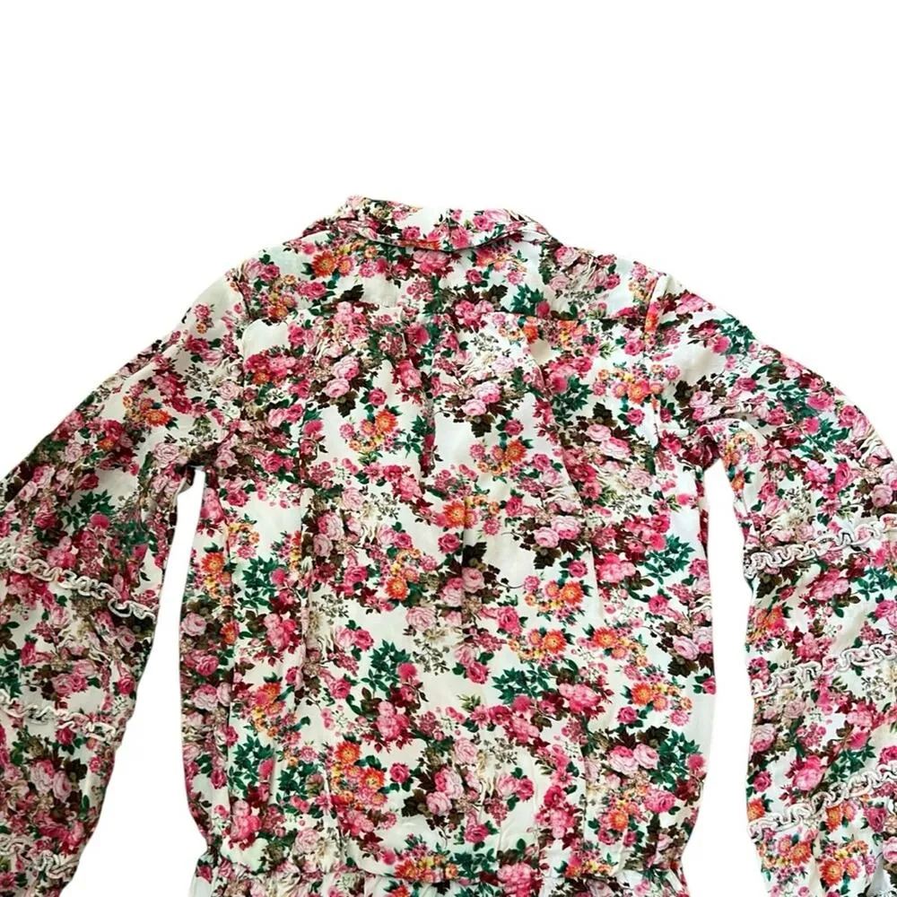 Rococo Sand Women’s Vie Crepe Pink Floral Green Long Sleeve Ruffle Mini Dress XS - Image 7