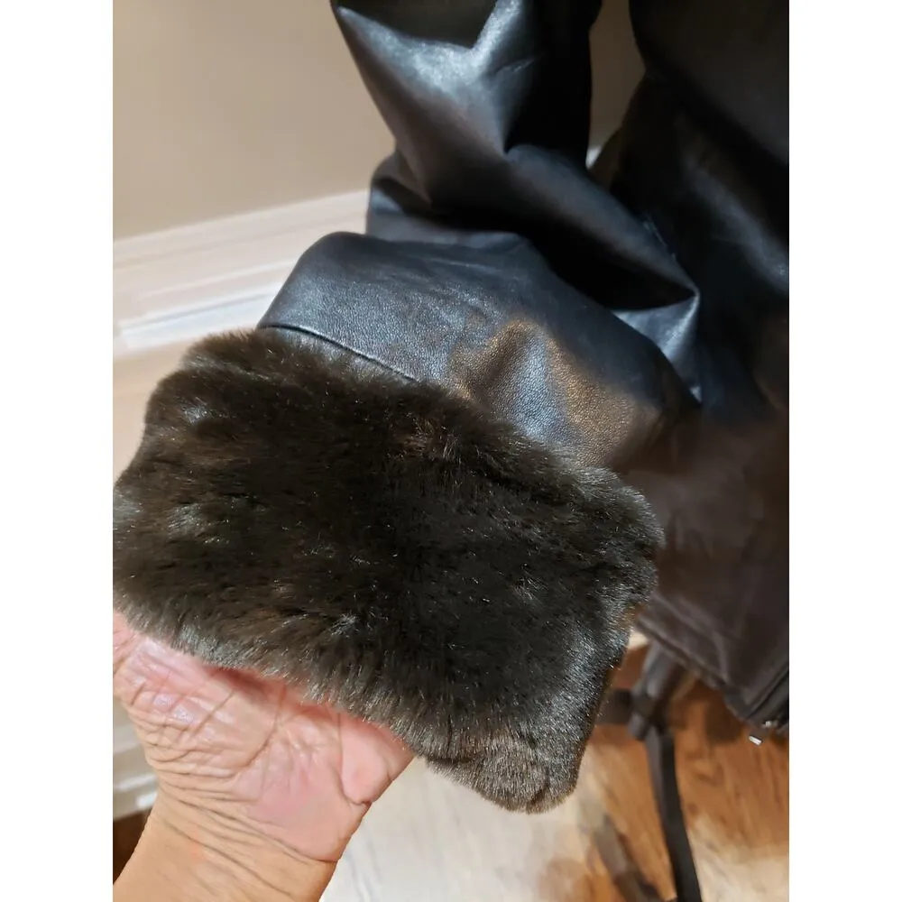 Columbia Leather Jacket Women’s M Black Faux Fur Lined Zip Winter Coat Warm - Image 6