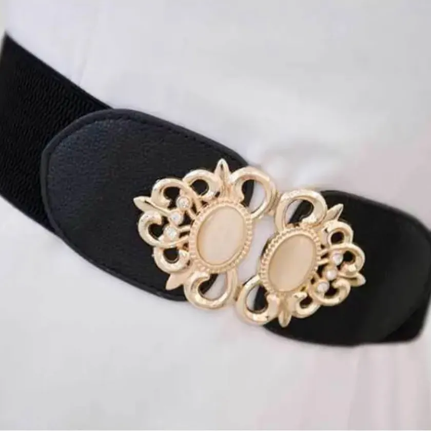 Golden Double Buckle‎ Black Waspie Belt Stretchy Elastic Accentuating Waist Band - Image 9