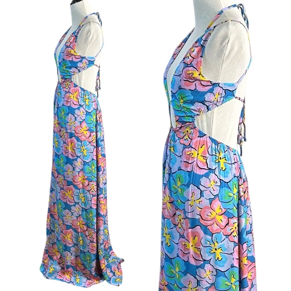 For Love & Lemons Yasmin Open Back Floral Maxi Dress XS Cut Out Plunge Summer - Image 8