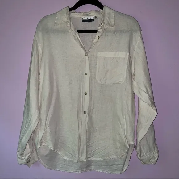Kenar Size S White Linen Top Button Up Collar Blouse Coastal Lagenlook Minimal - Image 1