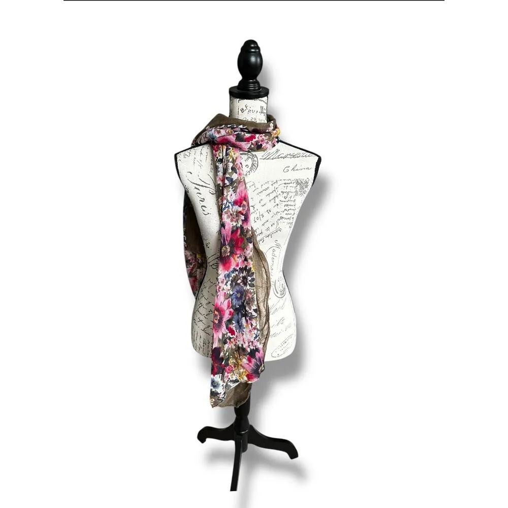 Floral Viscose Scarf Wrap Warm Brown with Pink Blue Yellow White Flowers 66 x 21 - Image 3
