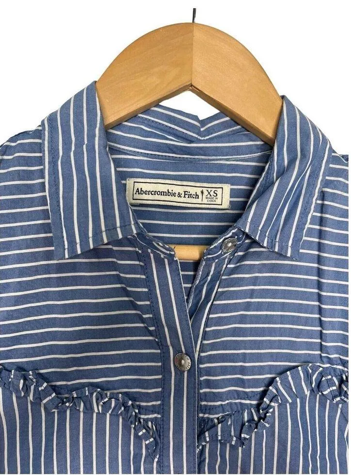Abercrombie Fitch Dress Womens XS Sleeveless Striped Ruffle Henley Western Blue - Image 3