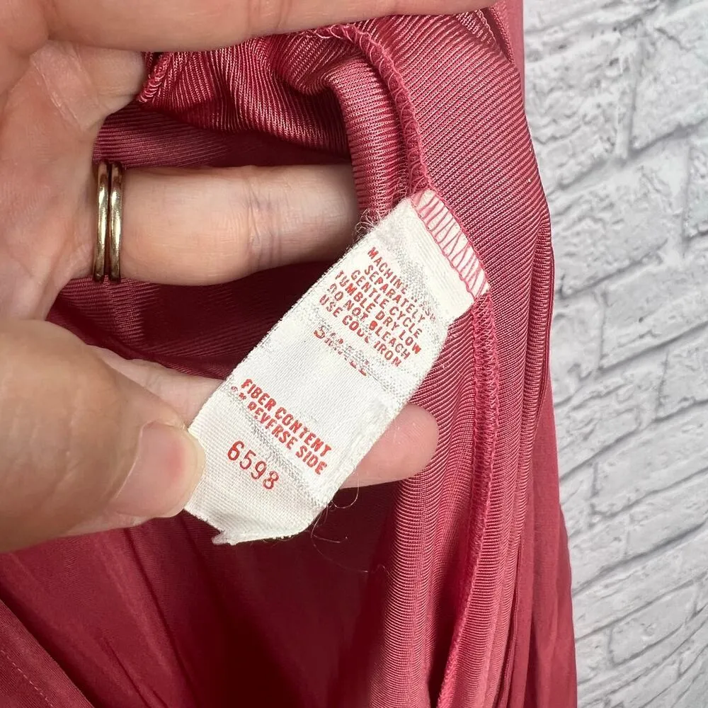 Vintage 70s Gilead Mauve Pink Maxi Gown 1/2 Zip Size S Satin House Dress 55" - Image 5