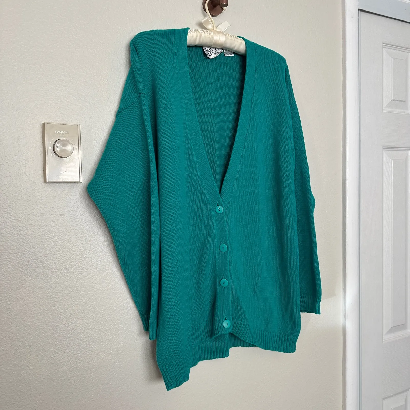 Vintage 90s Nordstrom 100% Cotton Knit Teal Button Up Vneck Cardigan Drop Sleeve - Image 3