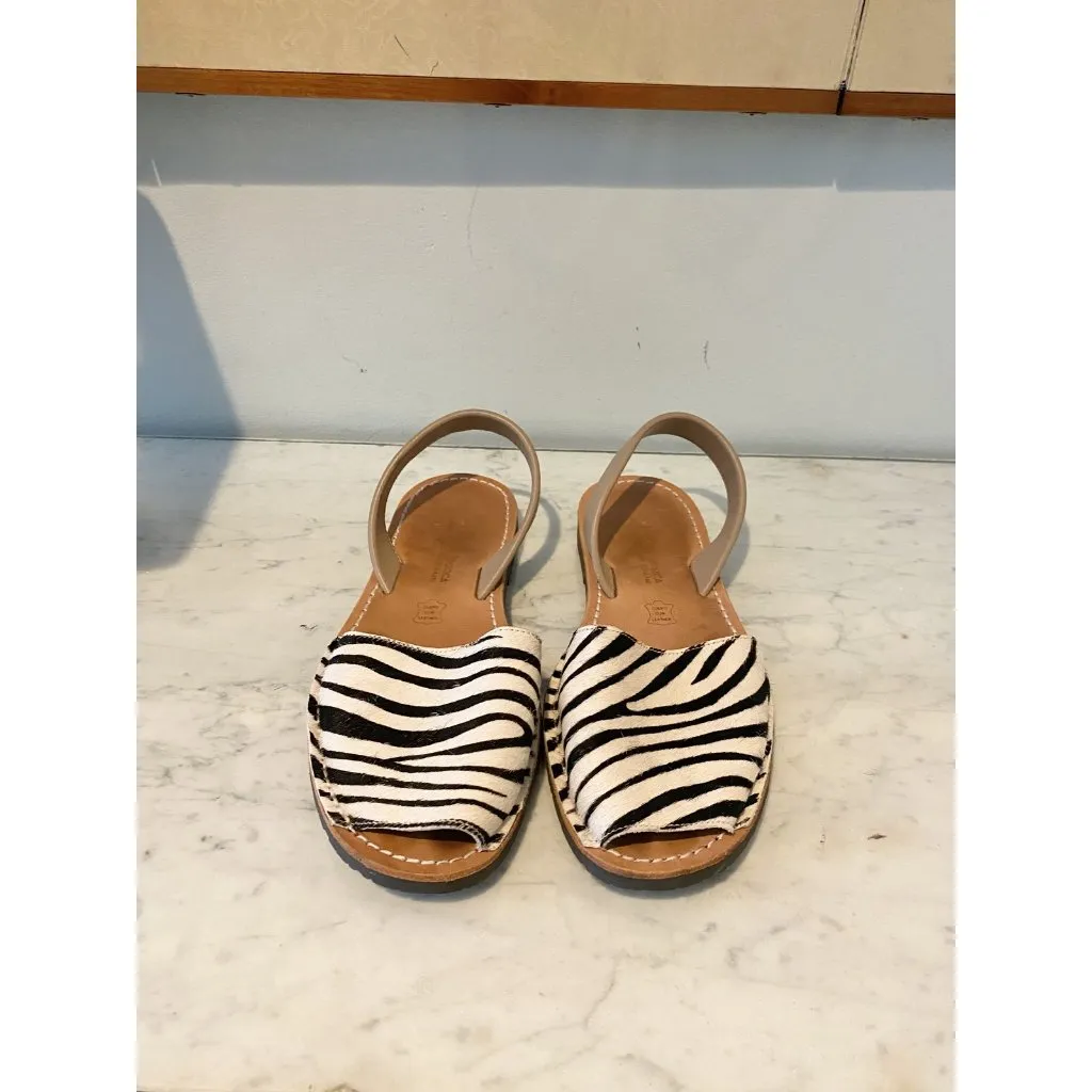 Lola De Menorca Shoes Womens Size 40 Zebra Print Leather Slingback Spain Sandals Black - Image 3