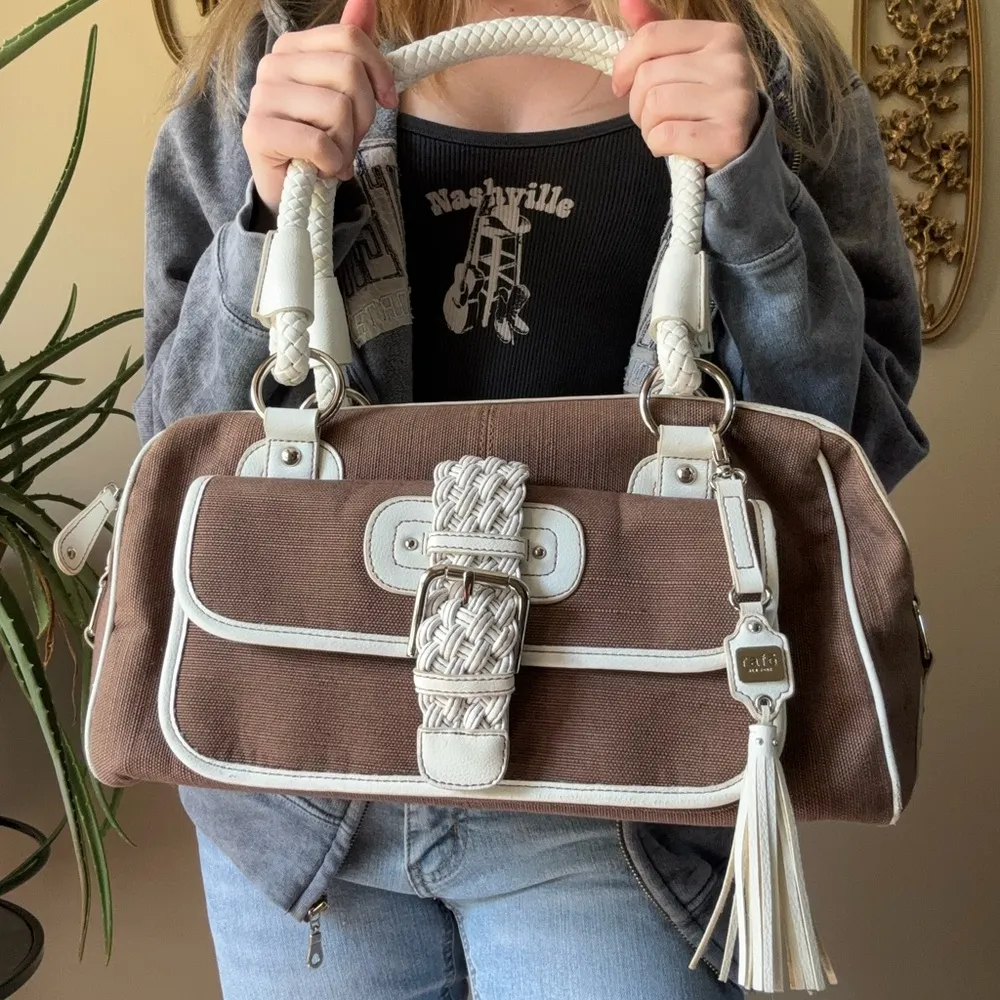 Rafe Brown and White Shoulder Bag with Silver Hardware - Image 3