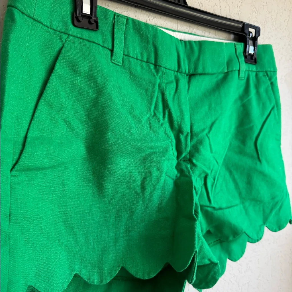 J Crew Green Linen Blend Scalloped Edge Shorts Womens 4 Beach Coastal Summer - Image 2