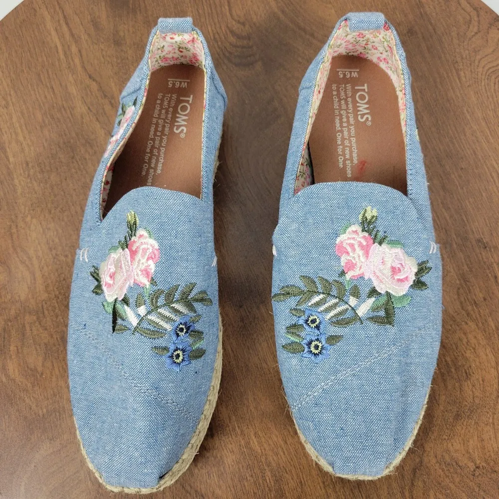 Toms Womens Alpargata Rope Flats 6.5 Floral Embroidered Chambray Espadrille - Image 3