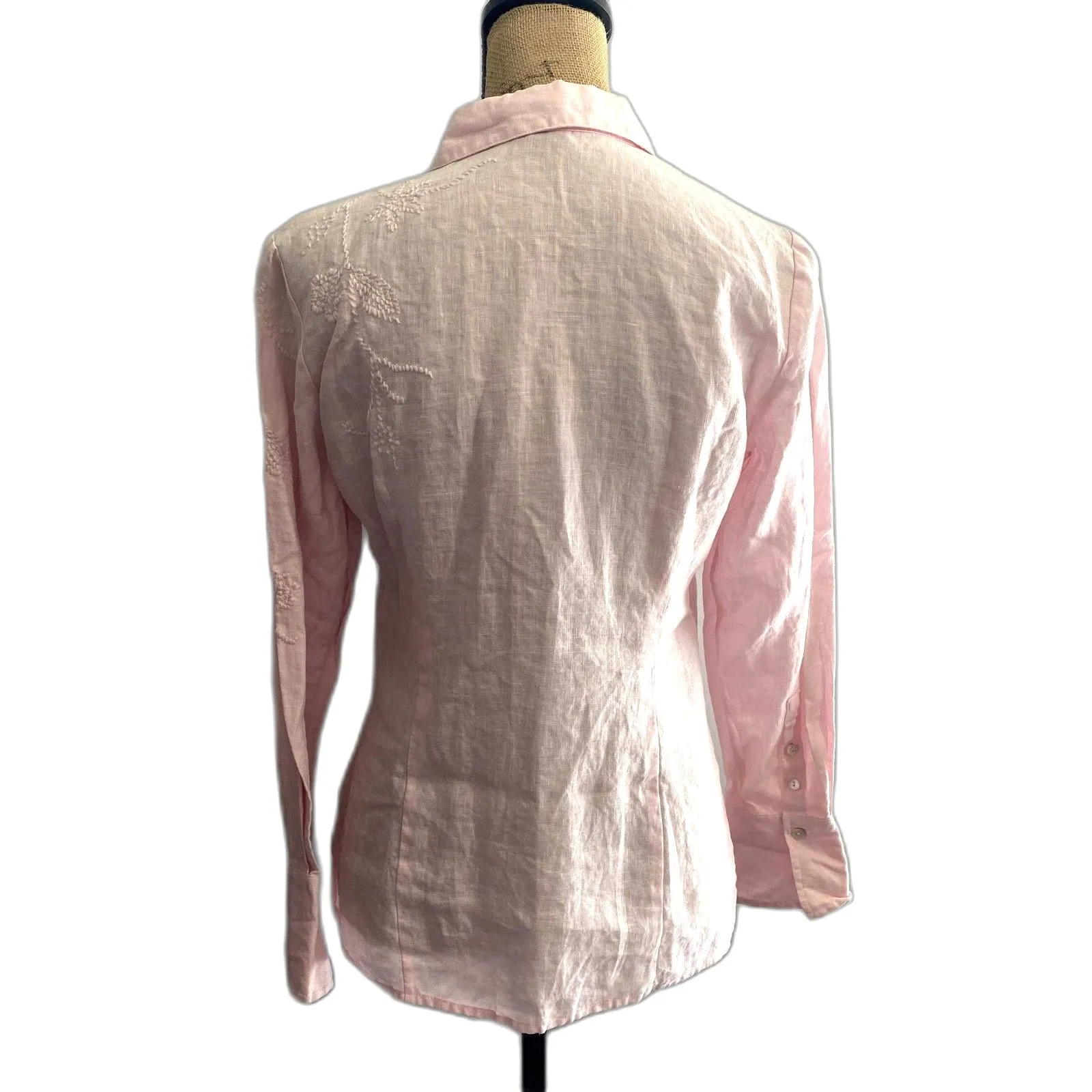 Ecologie 100% Linen Button Down Shirt Baby Pink Floral Embroidered Size Small‎ - Image 3