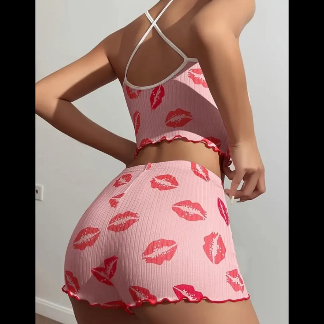 Pink & Red, Kiss Graphic, Pajama Set - Image 3