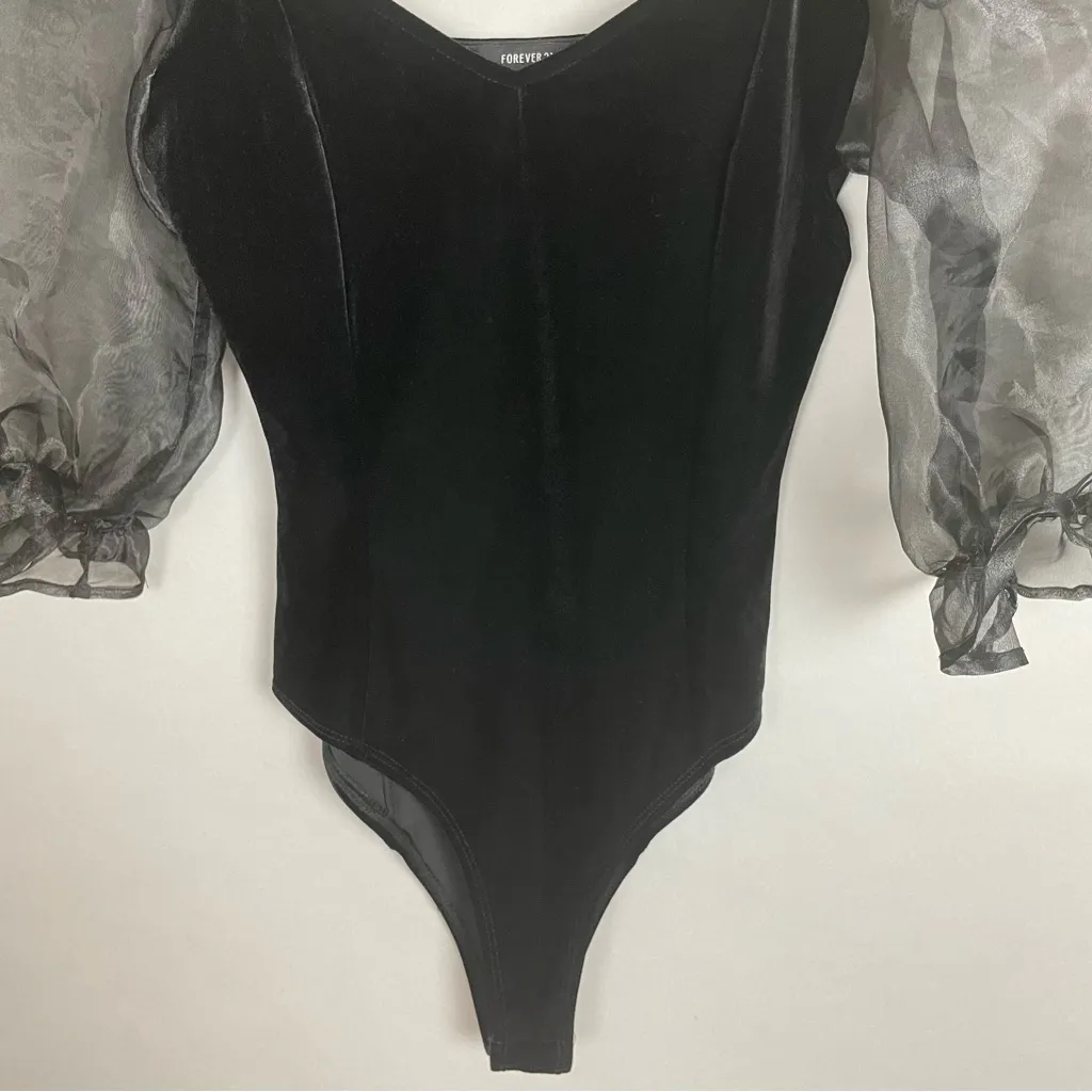 Forever 21 Velour Bodysuit‎ Top Puffed Sleeves Sheer Black Small Stretch Velvet - Image 6