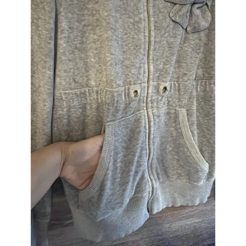 Juicy Couture Hoodie Jacket Full Zip Size L Gray Y2K Vintage Velour Coquette Bow - Image 3