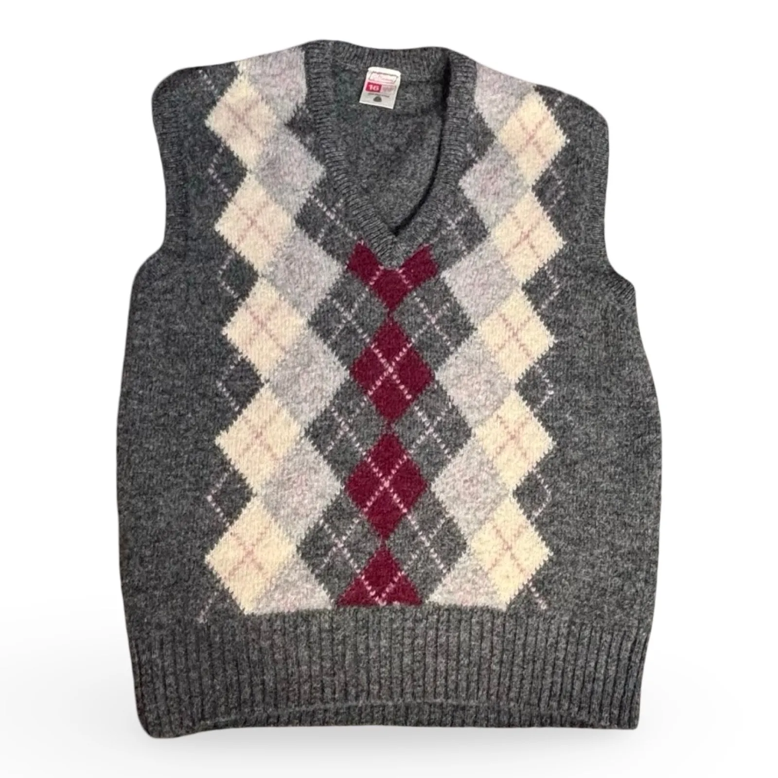 Vintage Gray Burgundy Argyle Sweater Vest High V Neck Wool Preppy Knit Unisex Size M - Image 3