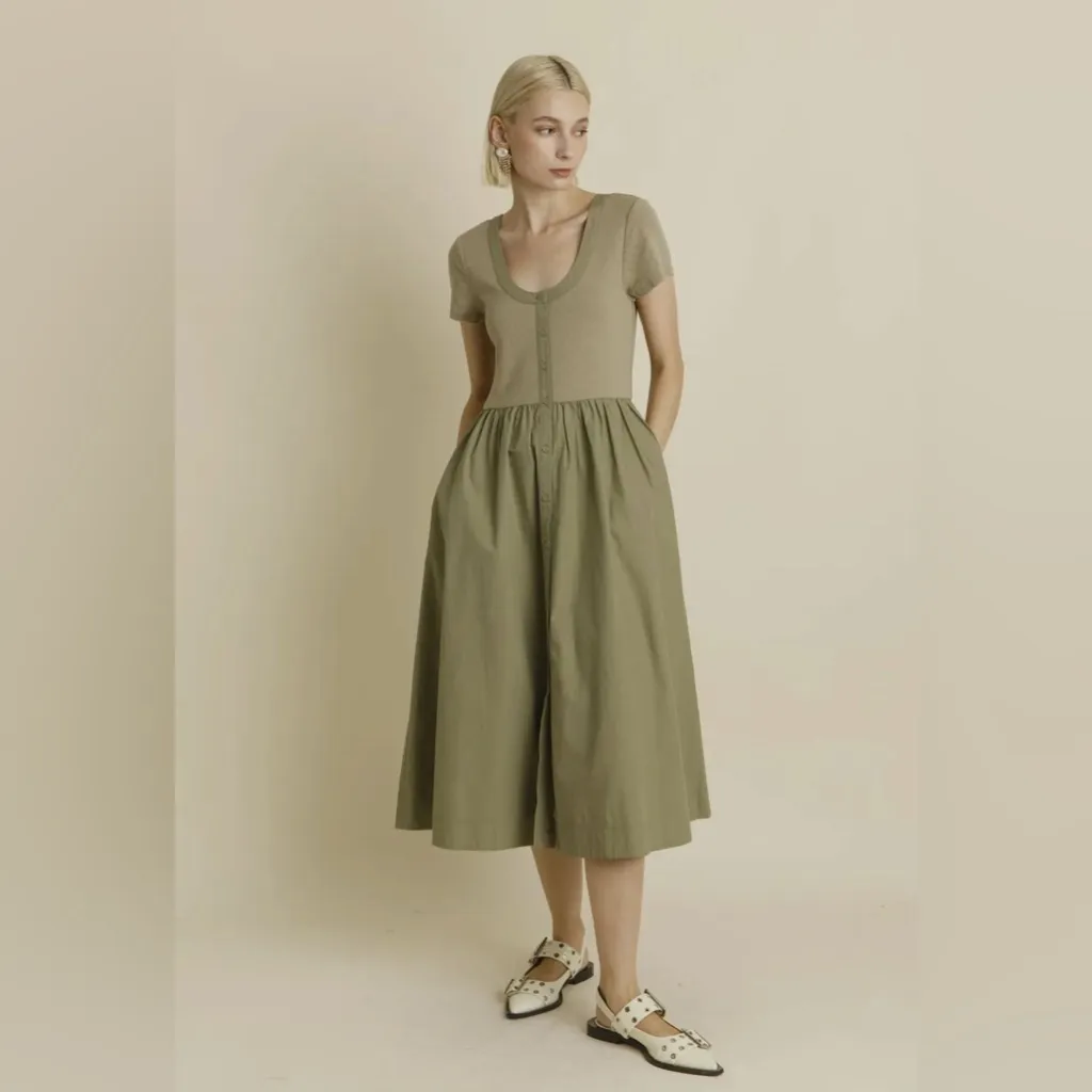 AUREUM Pointelle Knit Shirt Midi Dress Olive Green Size Medium Cottagecore‎ - Image 13