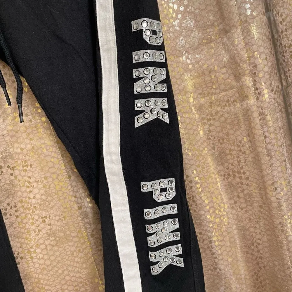 PINK Victorias Secret Black White Rhinestone Bling Joggers, Medium - Image 2