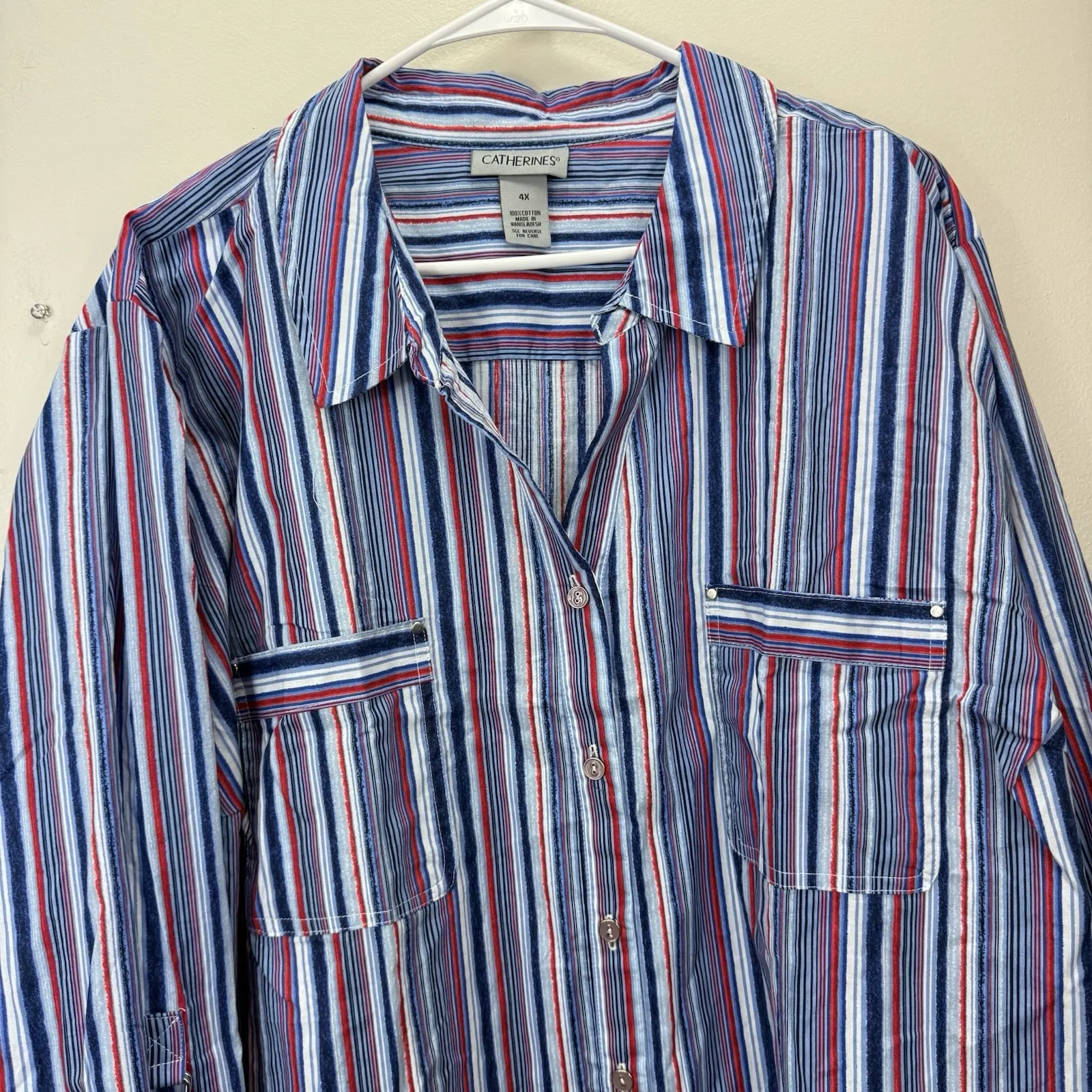Catherines Red Blue Striped 3/4 Roll Tab Sleeve Button Up Utility Shirt Size 4X - Image 3
