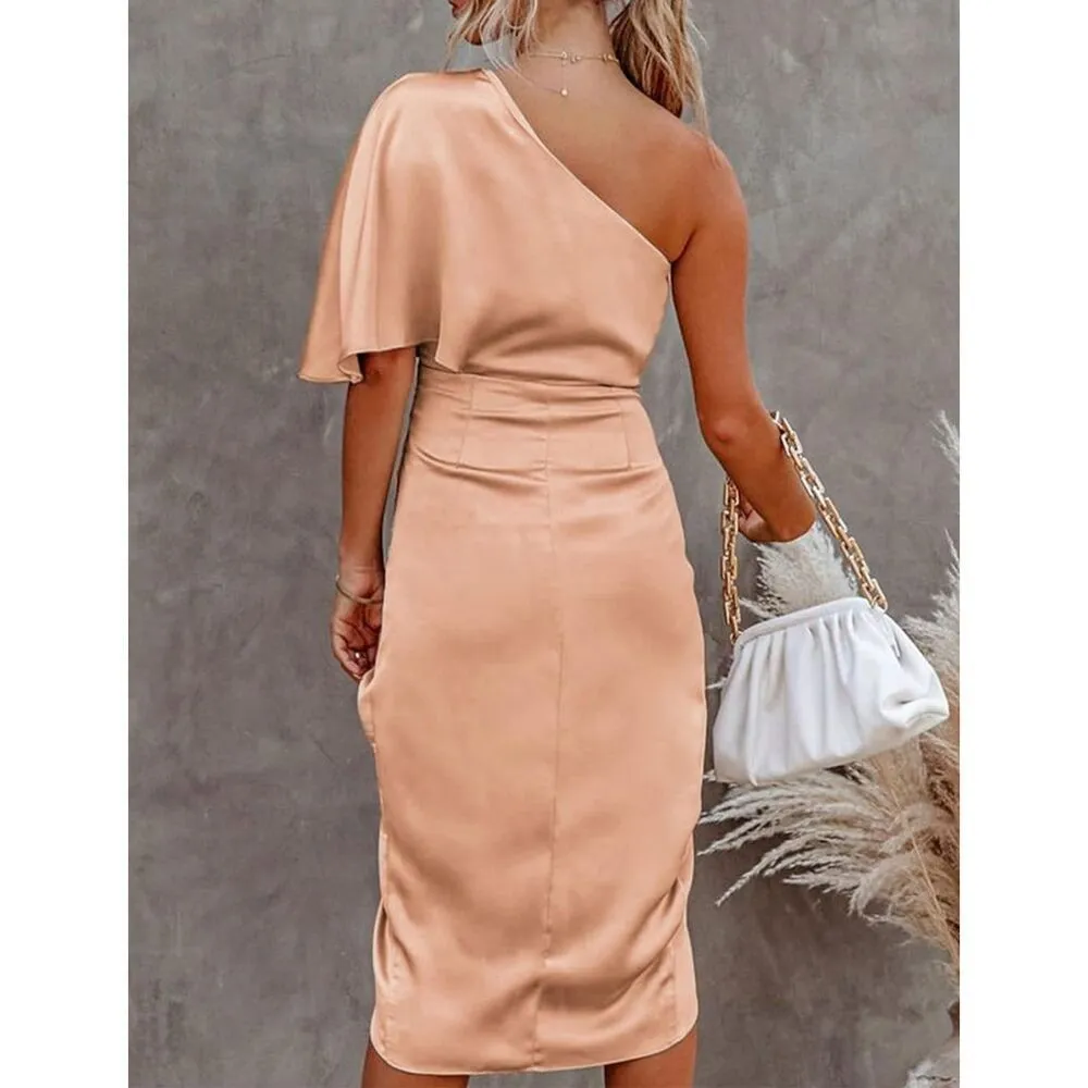 NEW Satin Dress 1 Shoulder Midi Cocktail Party Dress L - Image 2