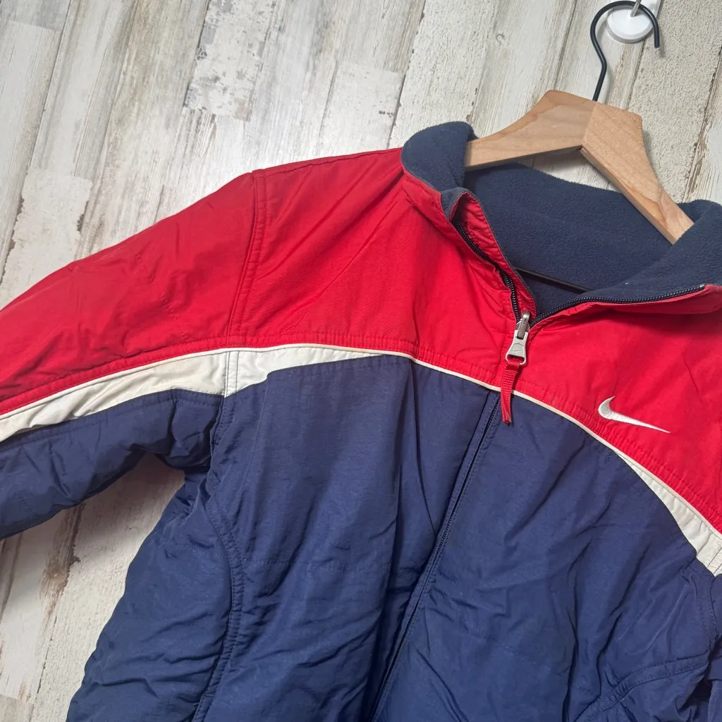 Vintage Y2K Nike Blue‎ Red Reversible Fleece Zip Bomber Jacket Womens Size Large - Image 2