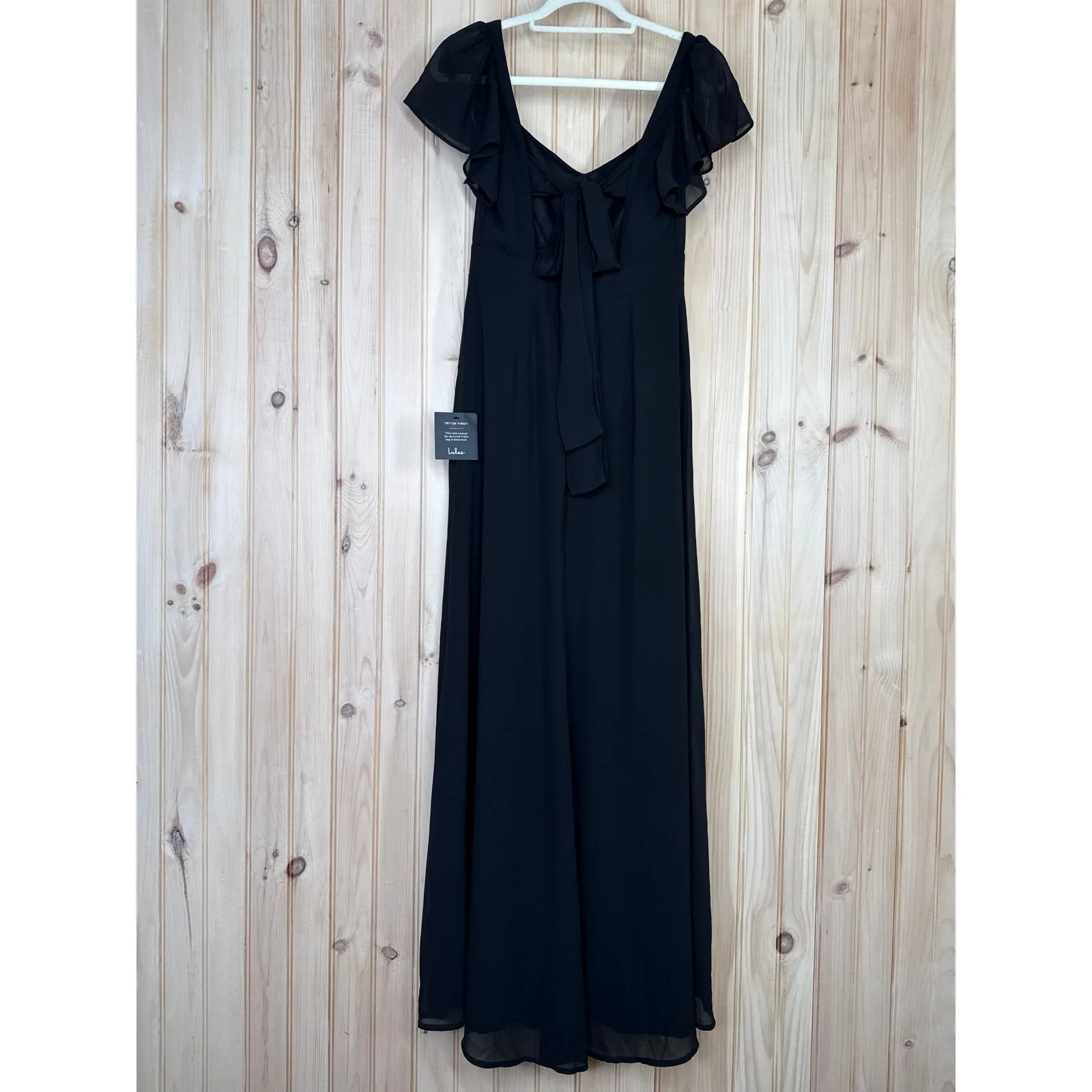 NWT Lulus Simply Delightful Black Tie-Back Flutter Sleeve Maxi Dress Slit Sz S - Image 6