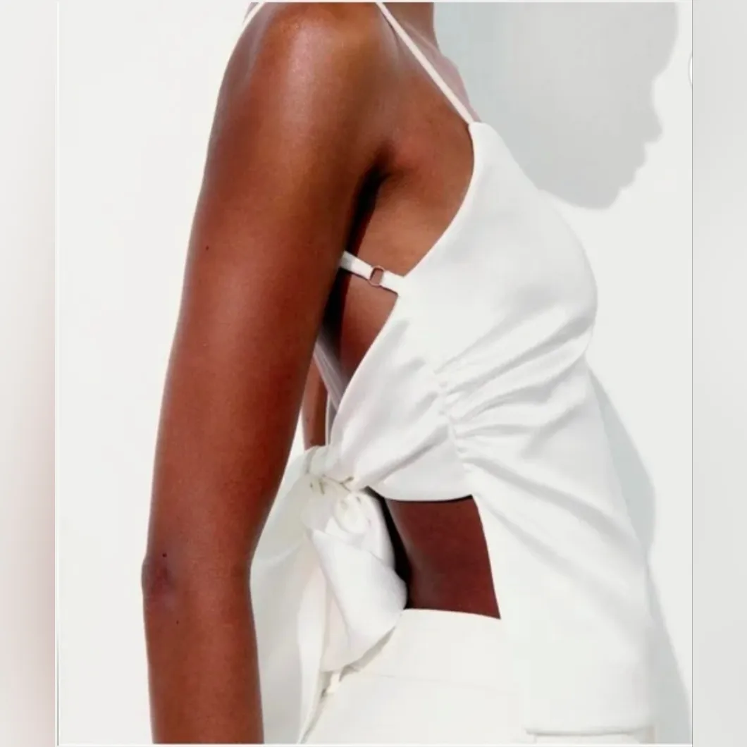 NWT! Zara White Satin Effect Top With Back Tie Bow Size M - Image 3