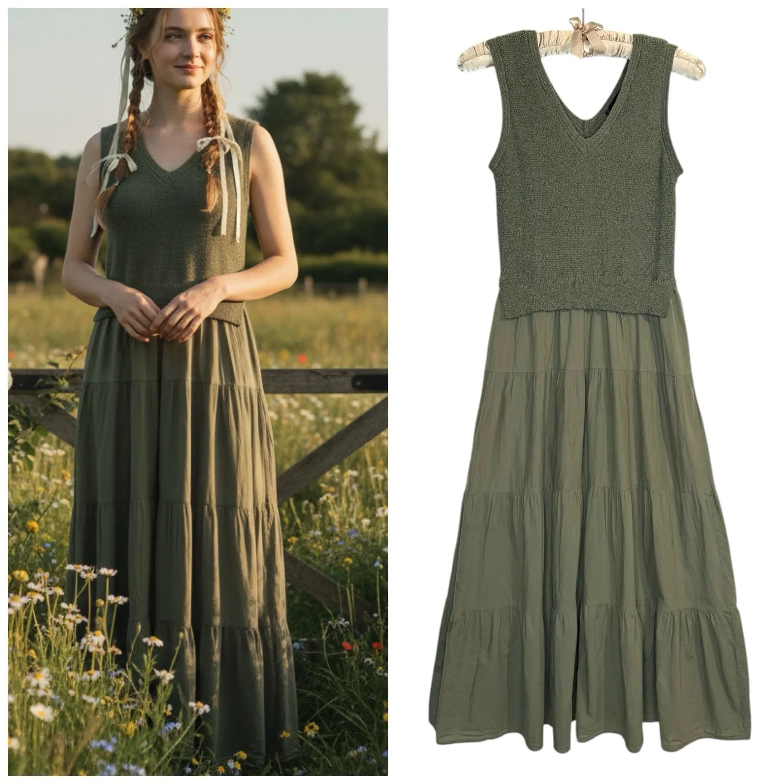 90s‎ Y2K Sweater Midi Dress L Tiered Mixed Media Olive Green Knit Cottagecore - Image 2