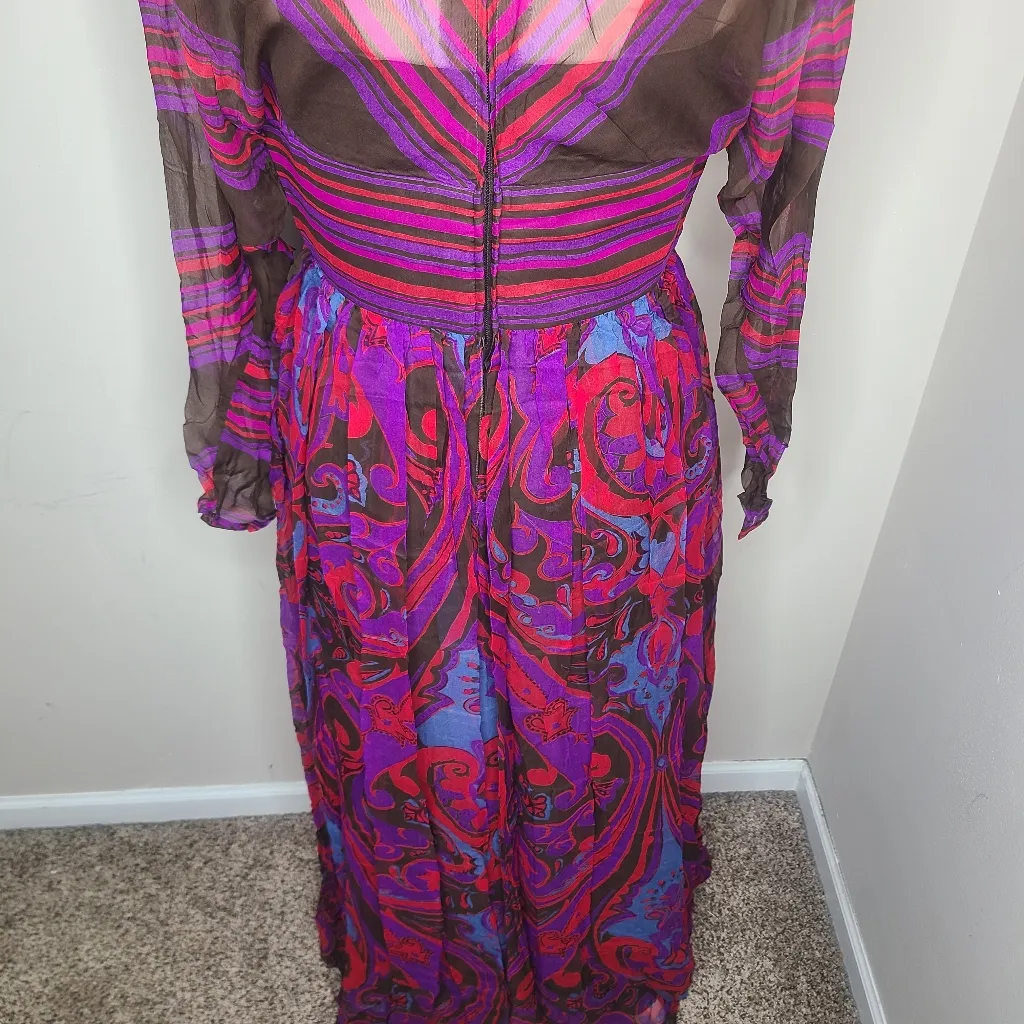 Vtg 60s‎ Mollie Parnis Boutique New York Silk Paisley Chiffon Pleated Maxi Dress Purple Size undefined - Image 9