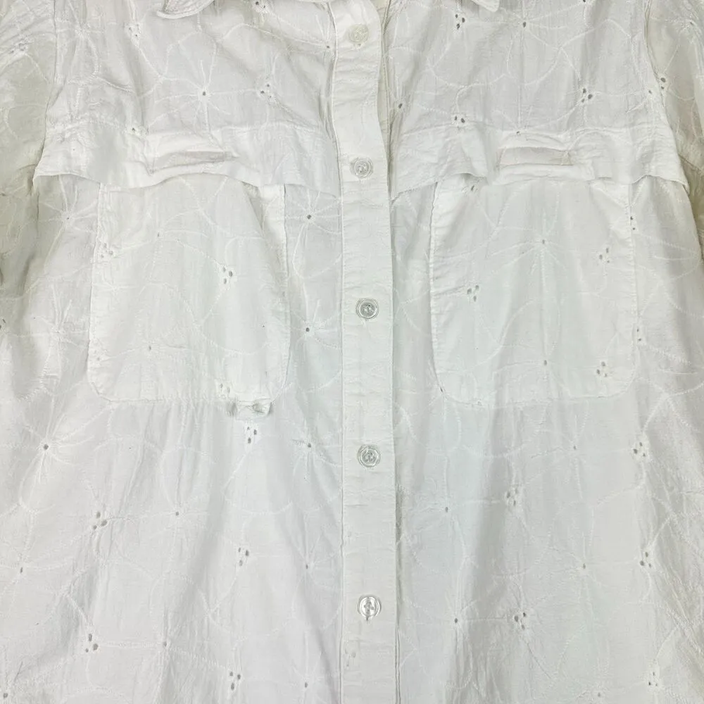 Finley Fishing Shirt White Eyelet Size Small Embroidered Cotton Vented Roll Tab - Image 3