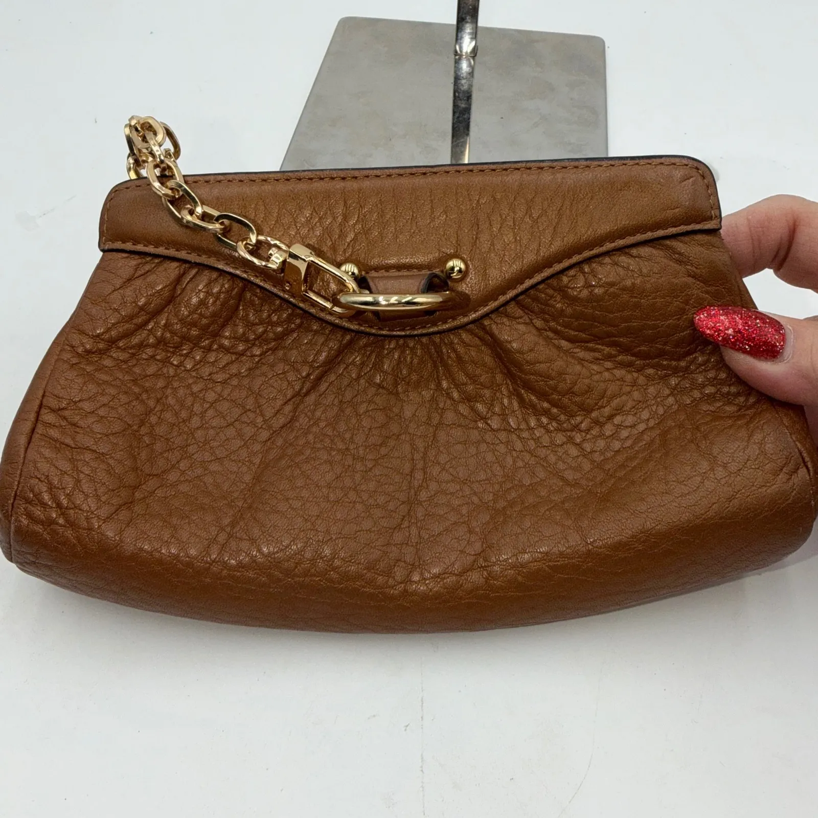 Cole Haan Leather Clutch Chain Strap Gold Hardware Brown Evening Bag - Image 6