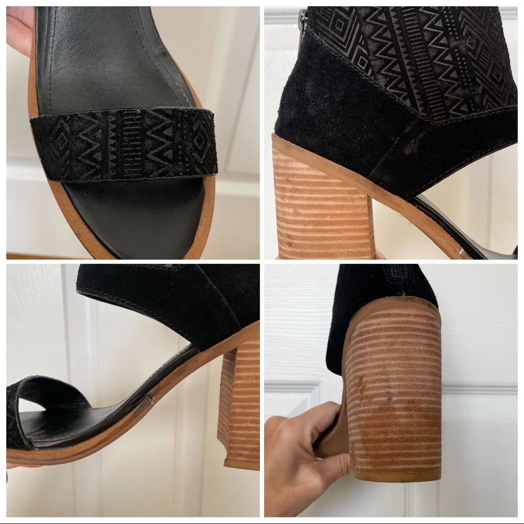 Kelsi Dagger Black Leather Suede Open Toe Strap Cuff Heels 9 Geometric Pattern - Image 12