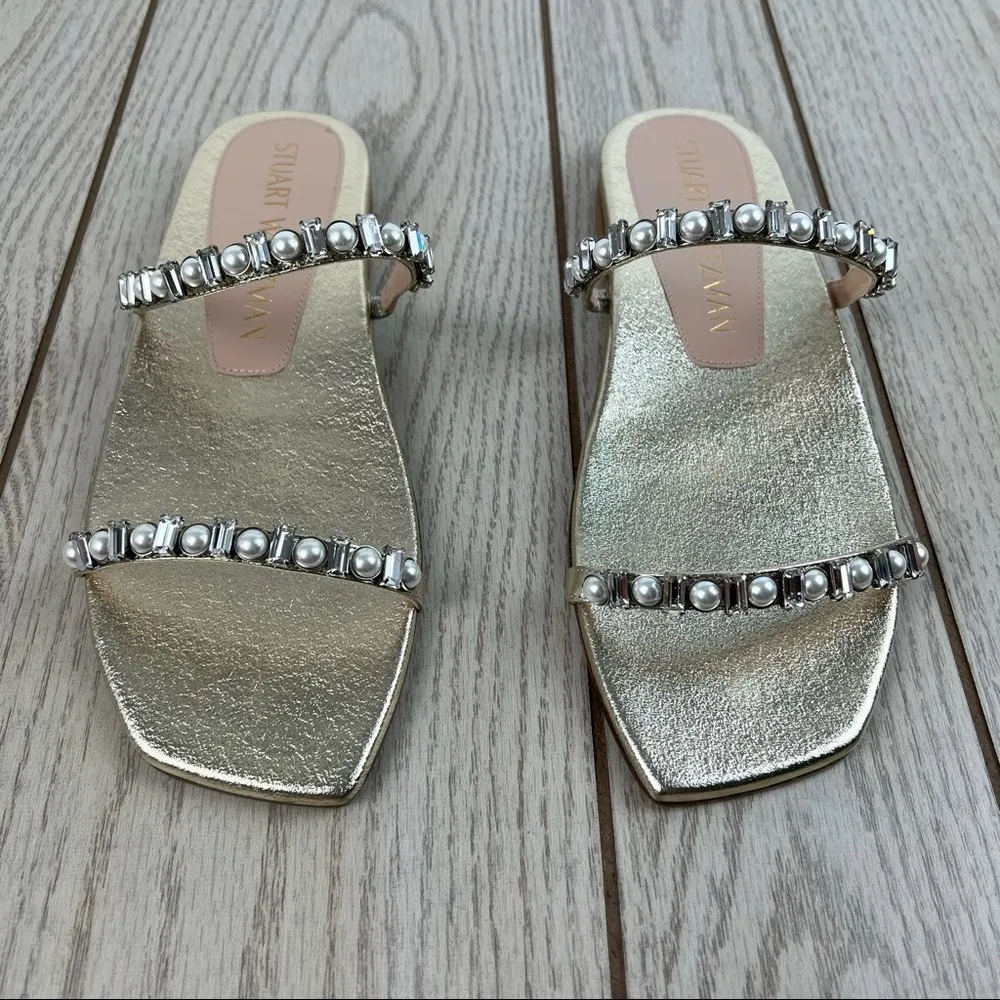 Stuart Weitzman Aleena Shine Pearl & Gem Embellished Flat Sandals 9 Platino $450 - Image 2